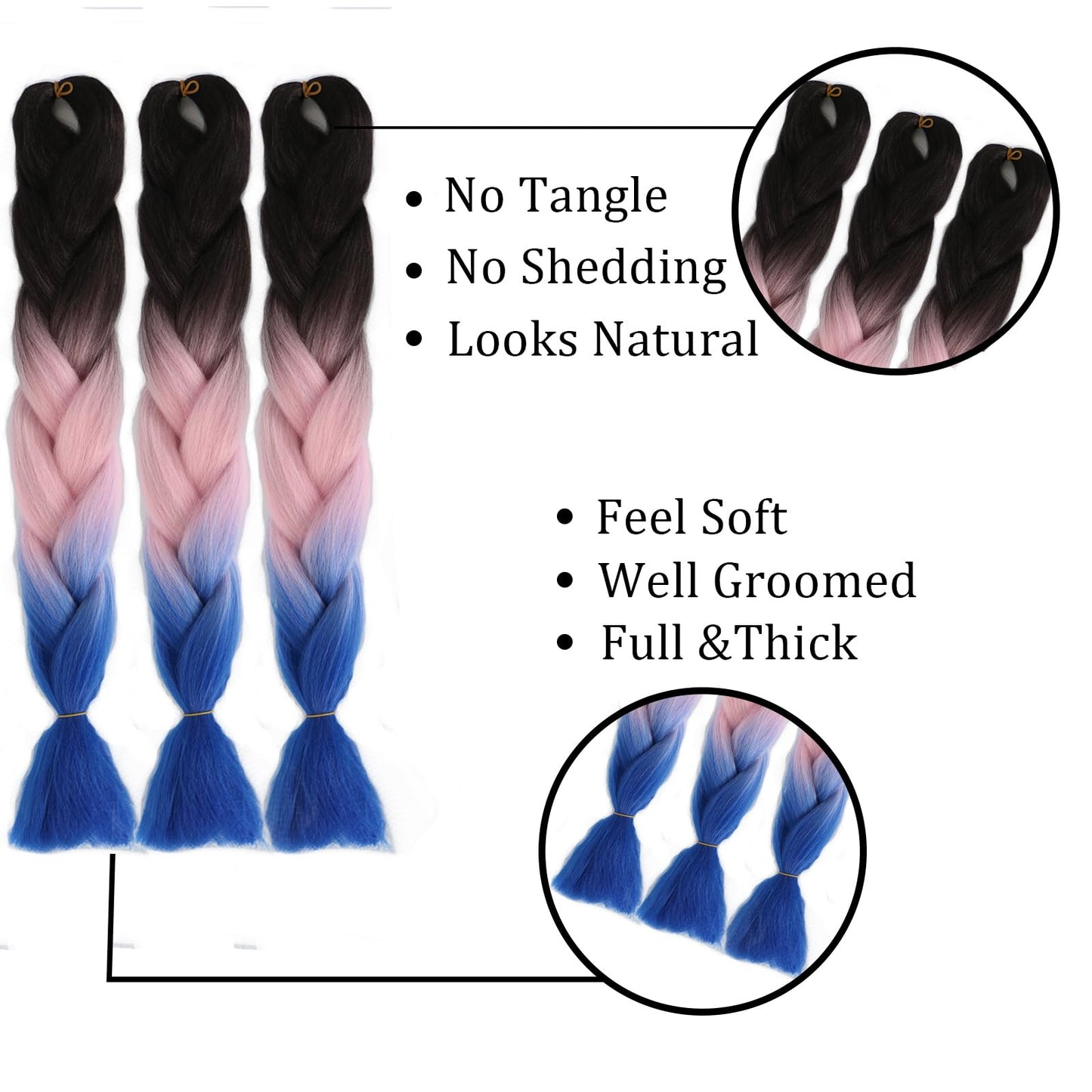 Ombre Braiding Hair Extensions 3 Pack/24 Inch Color Braiding Hair Fiber Crochet Hair for Box Braids Senegal Twist Hair Extensions for Women and Girls (24 Inch, Black+Pink+Blue)…