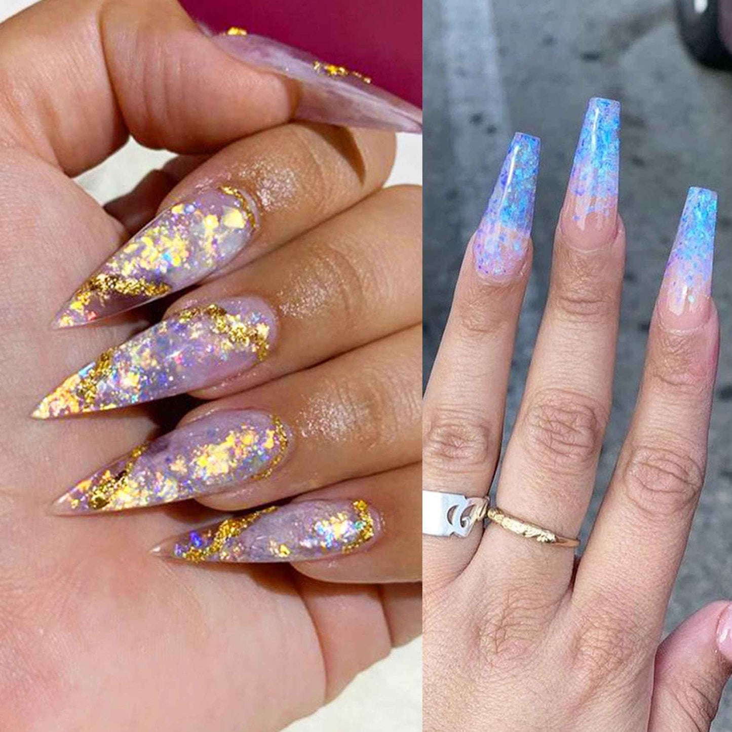 Holographic Nail Glitter 12 Grids Opal Glitter Powder Nail Charms Eye Rhinstones Mermaid Iridescent Nail Sequins Flakes Gold Silver Nail Foil for Nail Art Deisgn Kit for Christmas Halloween