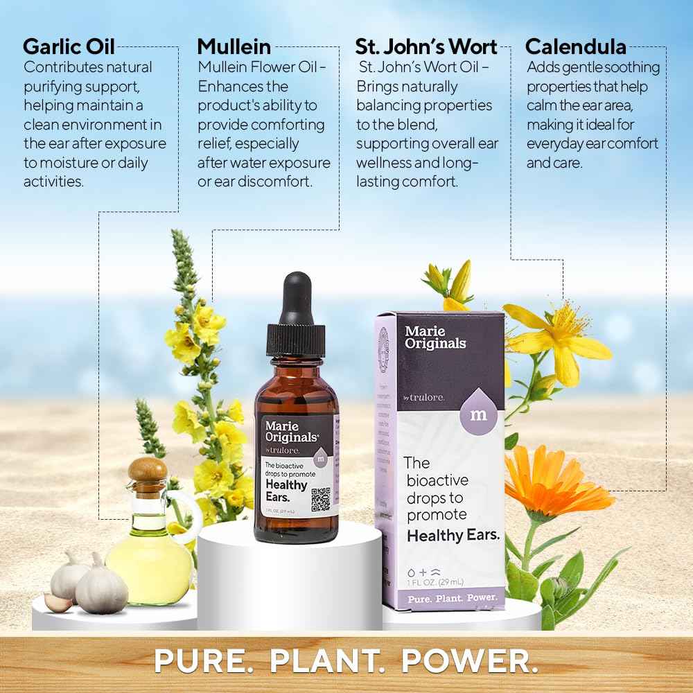 Marie Originals Natural Ear Oil Drops | Mullein Garlic Oil Ear Drops for Infections Prevention, Herbal Ear Ache Drops for Adults, Kids & Pets, Soothes Ear Pain & Wax Removal, Earache Remedies (2 Pack)