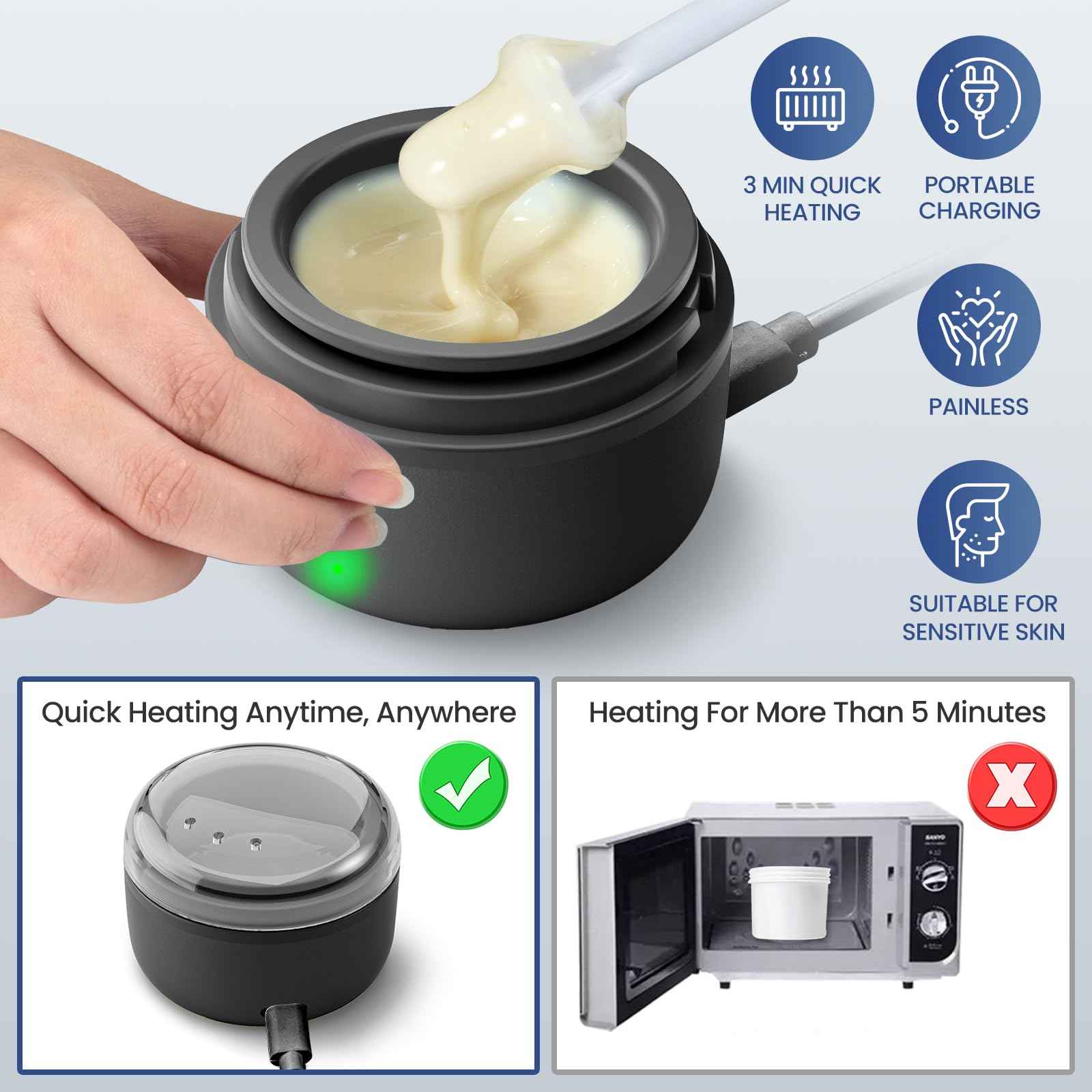 SUERBEATY Ear Nose Wax Kit Men, Nose Hair Waxing Kit for Men, Ear Hair Removal Wax 100g, 20 Pcs Nose Applicator, 15-20 Times, Usb Rapid Heating, Constant Temperature, Painless, Black