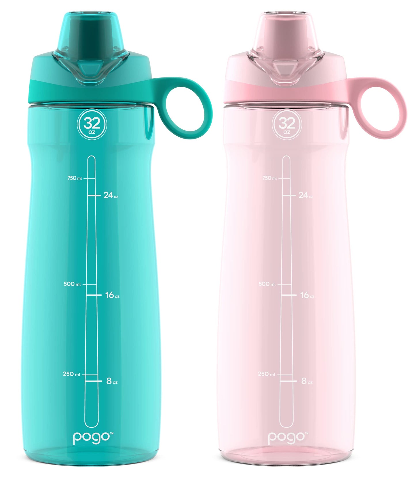 Pogo 32oz Plastic Resuable Water Bottle 2-Pack with Chug Lid and Carry Handle, BPA Free, Sport and Travel Friendly, Dishwasher Safe, Aquaviva/Pink Satin