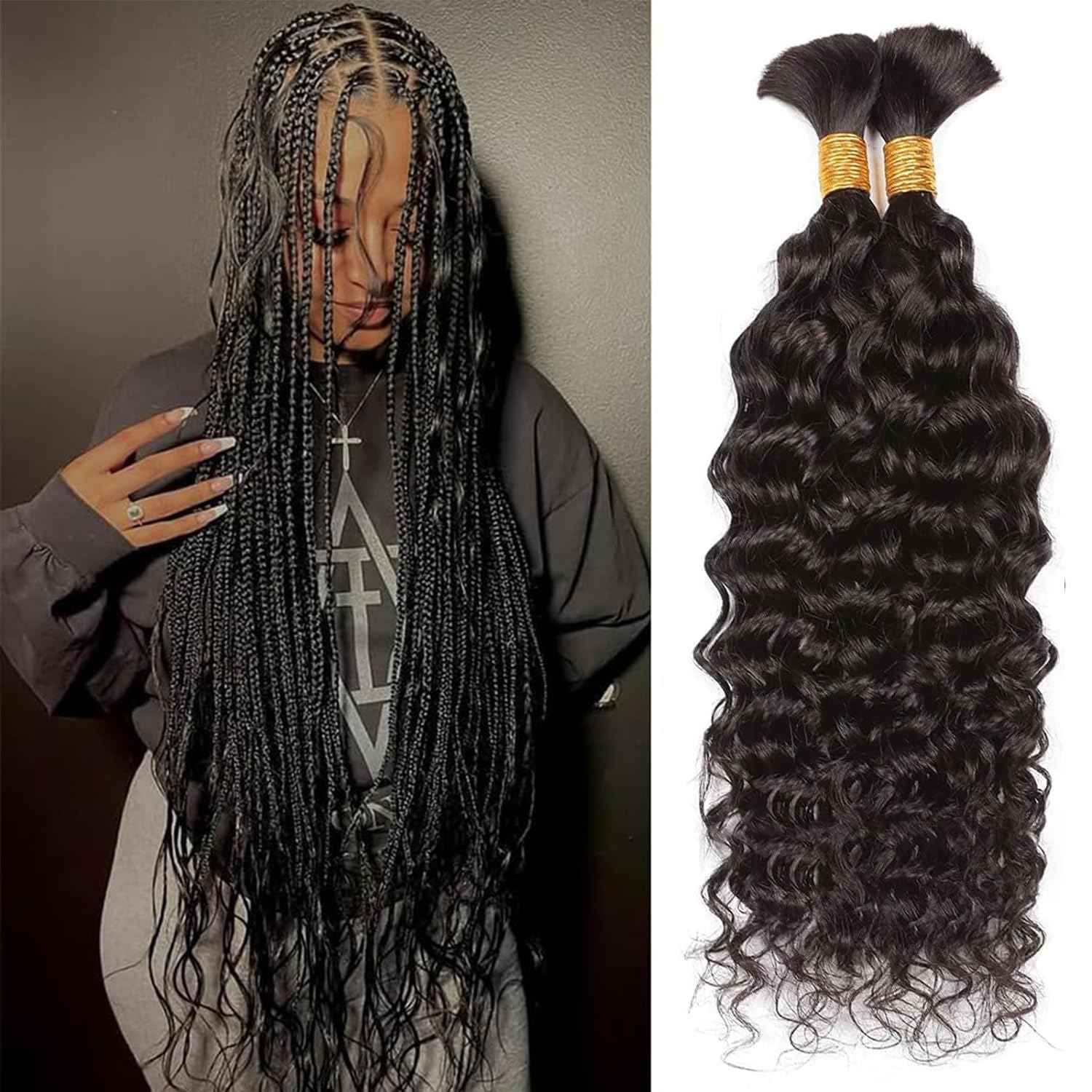 Human Braiding Hair For Boho Braids Deep Water Wave Bulk Human Hair for Braiding 12A Wet and Wavy Curly 100% Human Hair Extensions 1 Bundle 50g Natural Color 24inch