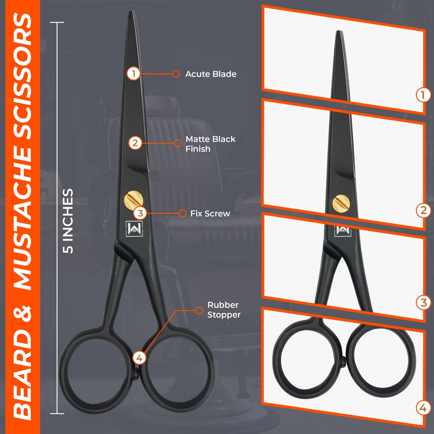 WAJEES Beard Scissors for Men A Complete Set of Grooming Scissors Men, 1 Mustache Comb, & 1 Beard Grooming Comb in a Carrying Pouch Perfect Mustache Scissors, Men’s Facial Hair Scissors