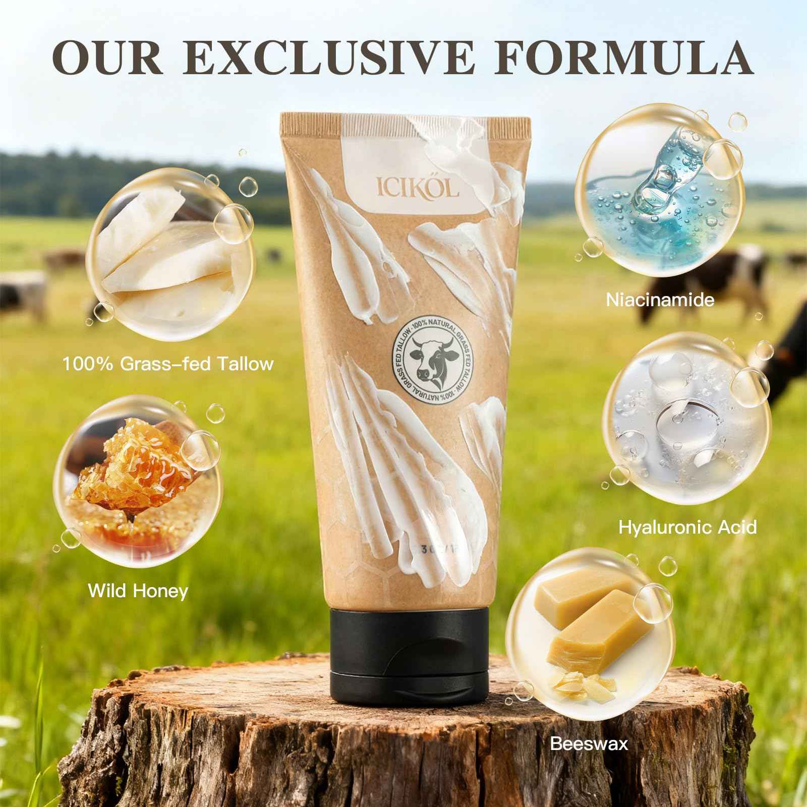 Organic Beef Tallow Honey Balm, Whipped Moisturizer for Face and Body, Grass Fed Beef Tallow for All Skin, Safe Natural Edible Grade Ingredients, Pure Unscented Cream, Day Night Skincare, 5.3 oz