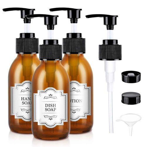 Amber Glass Soap Dispenser 4 oz, Homepicker Glass Pump Bottle with Pump for Lotion Body Oil, 125ml Hand and Dish Soap Dispensers Set with 1 Extra Pump & Labels - 2 Pack