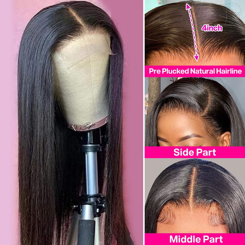 Lakin Glueless HD Lace Front Wigs Human Hair Pre Plucked Bleached Knots with Baby Hair 180 Density 4x4 Straight Lace Closure Wigs for Black Women Natural Black Color