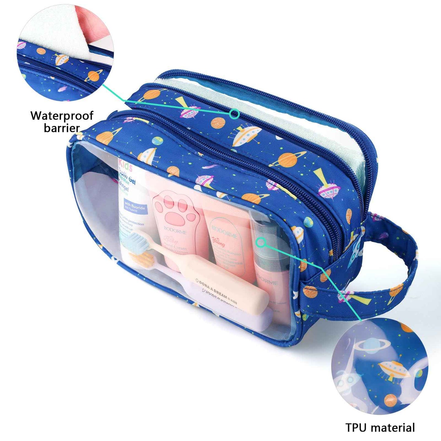 Vipdeal Space Kids Toiletry Bag for Boys, Travel Clear Toiletry Bag for Little Young Boys Waterproof Hanging Wash Bag Toddler Traveling Toiletries, Navy Blue