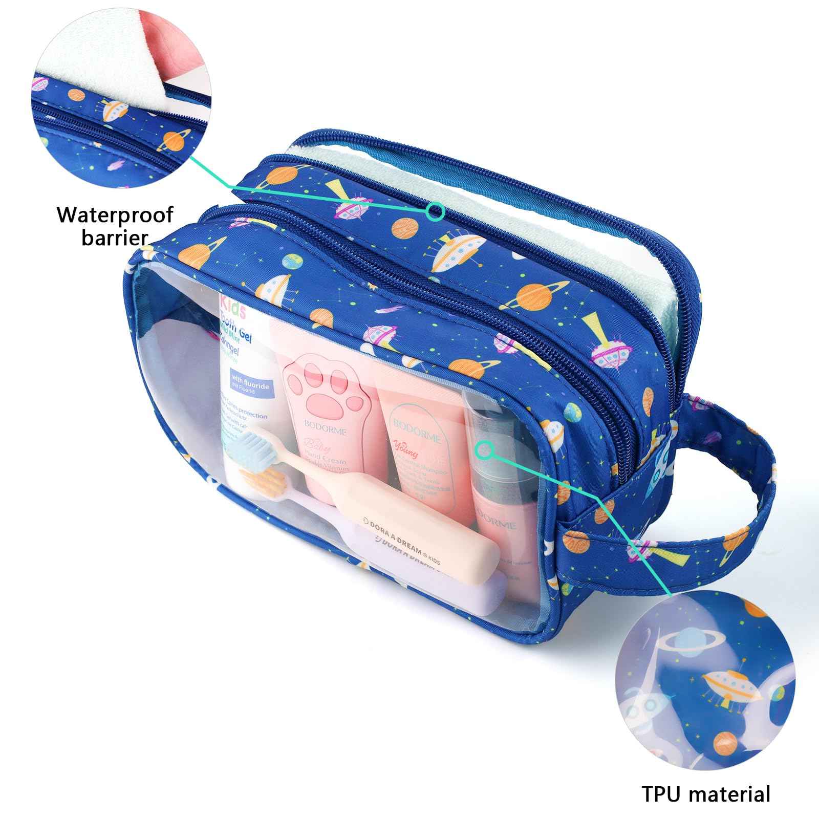 Vipdeal Space Kids Toiletry Bag for Boys, Travel Clear Toiletry Bag for Little Young Boys Waterproof Hanging Wash Bag Toddler Traveling Toiletries, Navy Blue