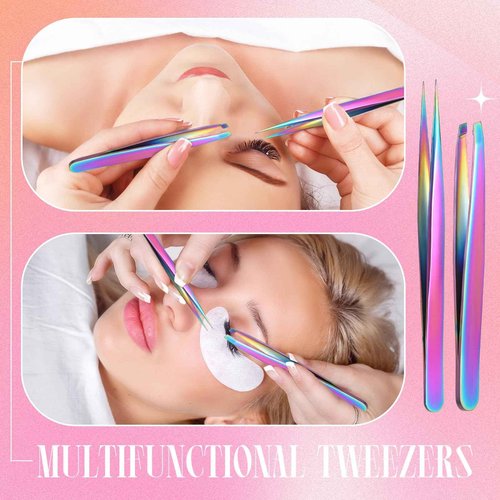 Baderke 5 Pcs Lash Applicator Tool Set Lash Tweezers for DIY Individual Lash Clusters Application and Removal Straight and Curved Eyelash Extension Tweezers with Storage Box and Eyebrush(Colorful)