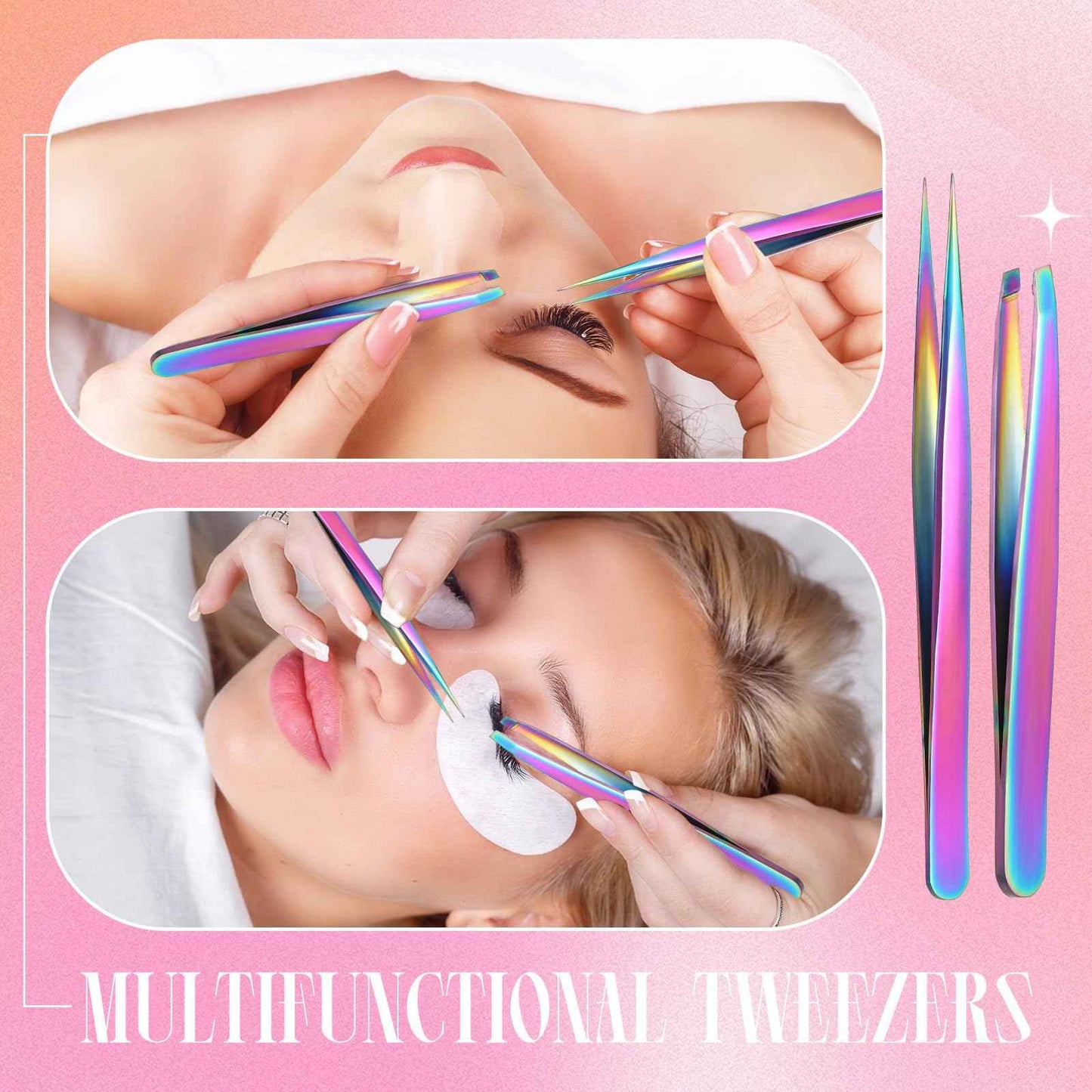 Baderke 5 Pcs Lash Applicator Tool Set Lash Tweezers for DIY Individual Lash Clusters Application and Removal Straight and Curved Eyelash Extension Tweezers with Storage Box and Eyebrush(Colorful)