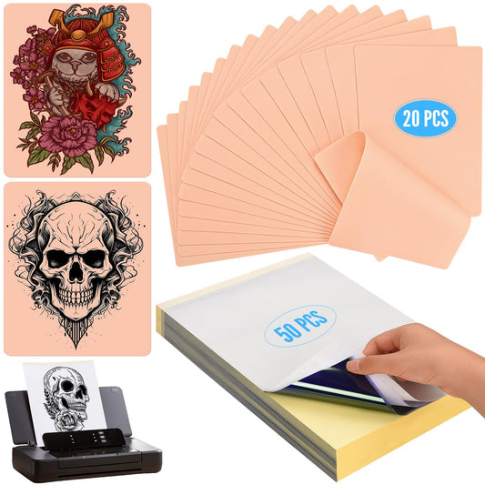 70 Pcs Tattoo Skin Practice Kit, Include 20 Pcs Tattoo Practice Skins & 50 Pcs Tattoo Transfer Paper, for Beginners Fake Skin Tattooing (7.5 * 5.8/11.6 * 8.2 IN)