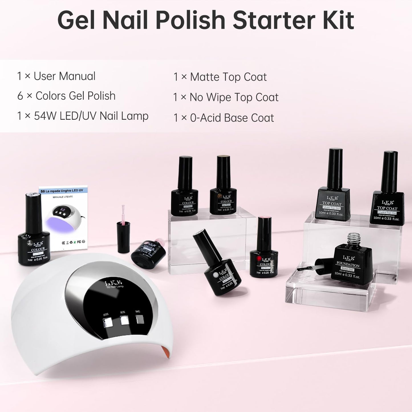 LKE Gel Nail Polish Kit with U V Light 54W Nail Lamp 6 Colors White Black Red Pink Gold Silver Glitter Shimmer Gel Polish Set Glossy Matte Gel Top Base Coat Gel Nail Kit Nail Art DIY Manicure Tools