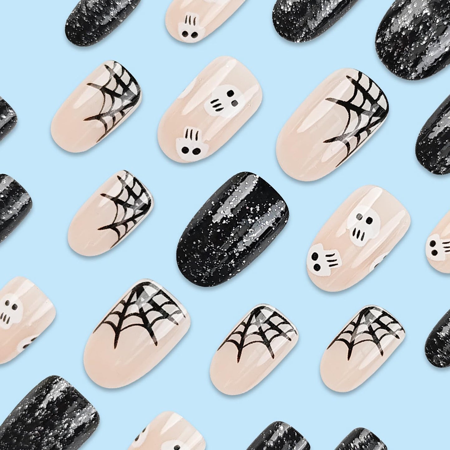 Halloween Press on Nails Black Glitter Fake Nails Short Glue on Nails with Spider Web Skull Design Round Head Almond Acrylic Nails Glossy Full Cover Stick on Nails for Women Halloween Nail Decorations