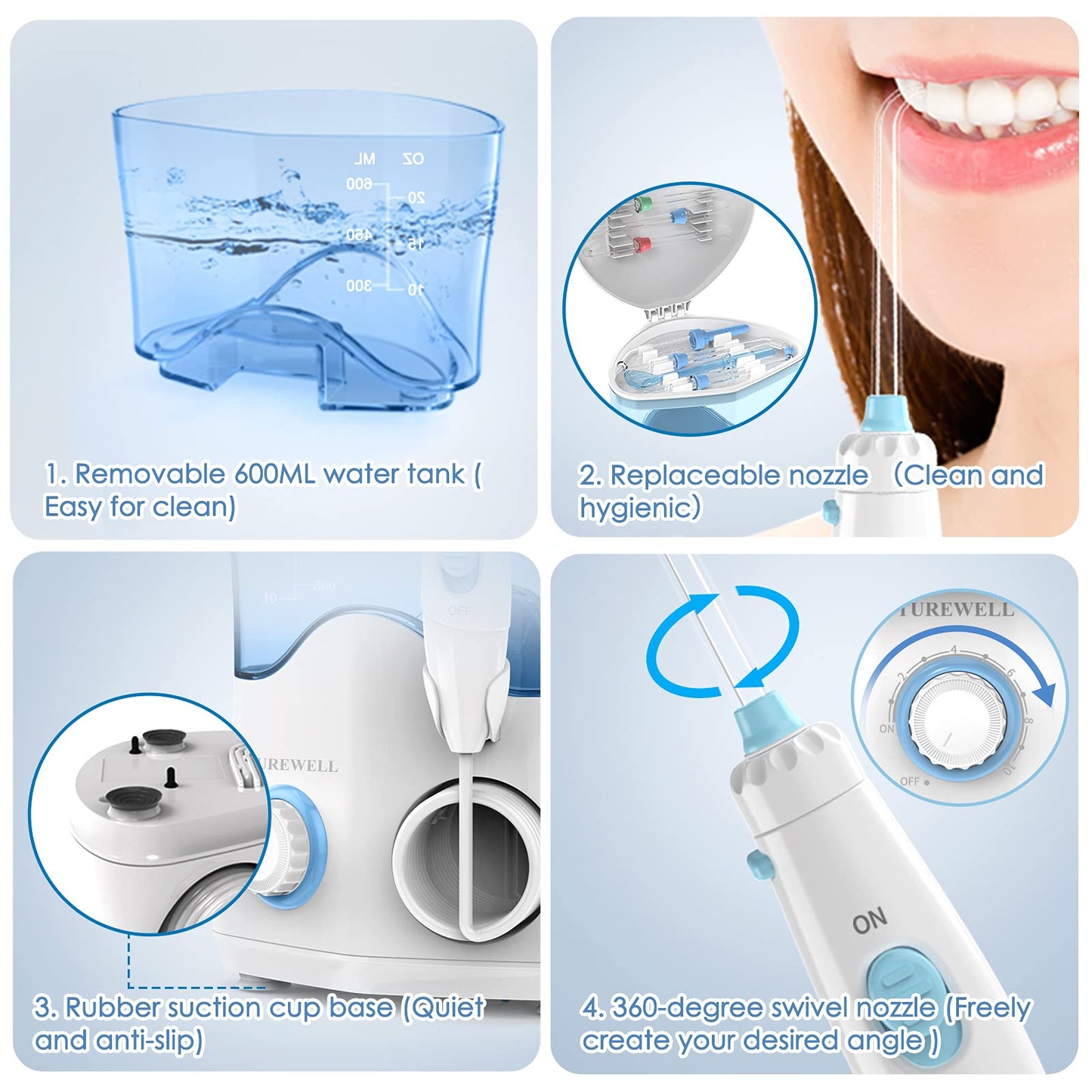 TUREWELL FC162 Water Dental Flosser for Teeth/Braces,10 Pressure Levels, 8 Water Jet Tips for Family, 600ML Electric Water Dental Oral Irrigator for Teeth Clean (White)