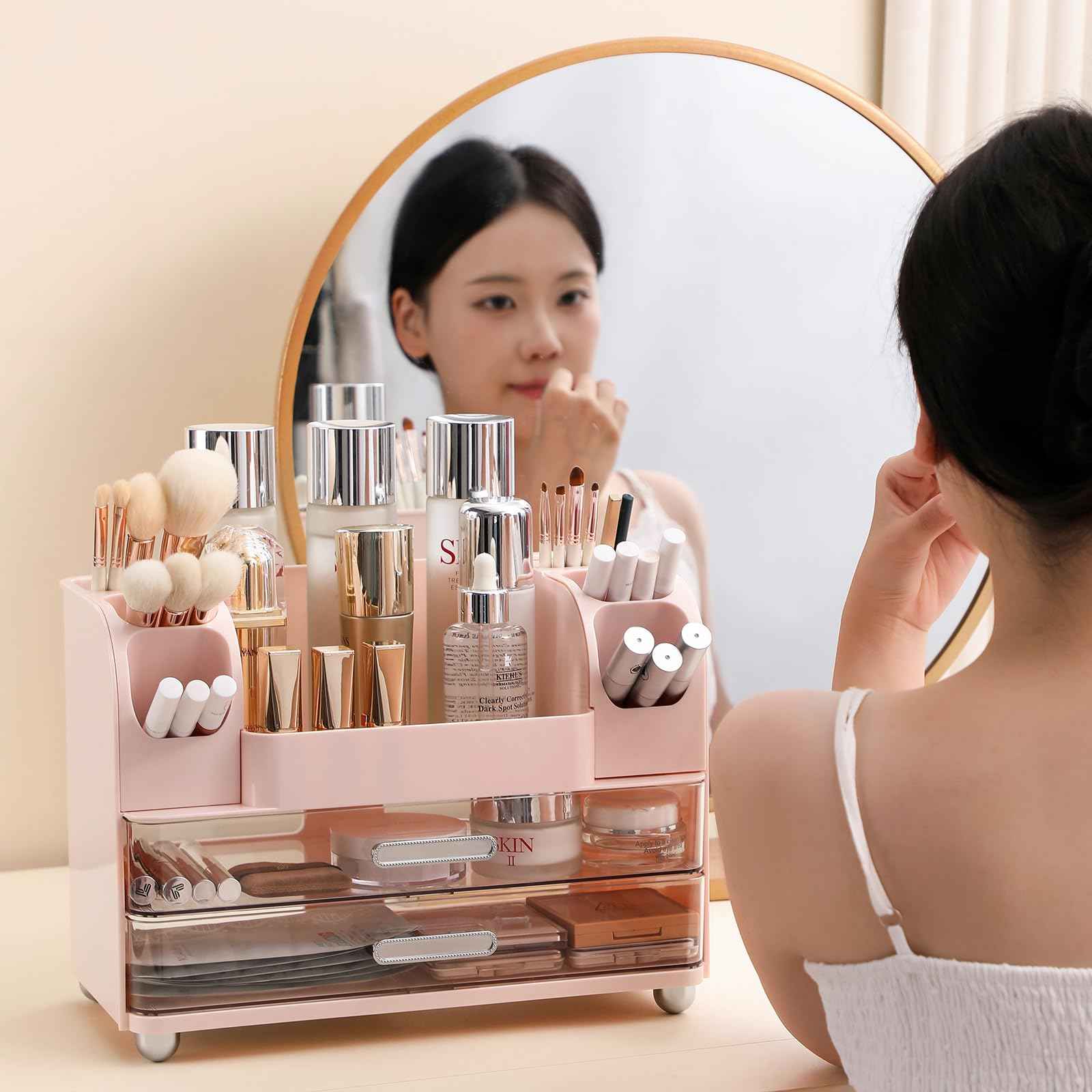 Anyoifax Makeup Organizer Countertop with Large Drawers, Vanity Organizer with Brush Holder, Skin Care Storage for Dresser, Perfume Organizer for Lotion, Lipsitck, Palette, Light Pink