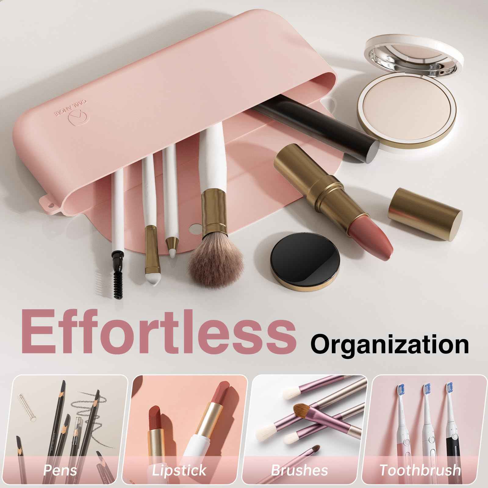 COOL-ANGLE Silicone Makeup Brush Holder And Beauty Sponge Case, Travel Makeup Brush Case With Magnetic Closure, Makeup Sponge Holder 2 In 1 Stand Storage For Quick Drying Khaki