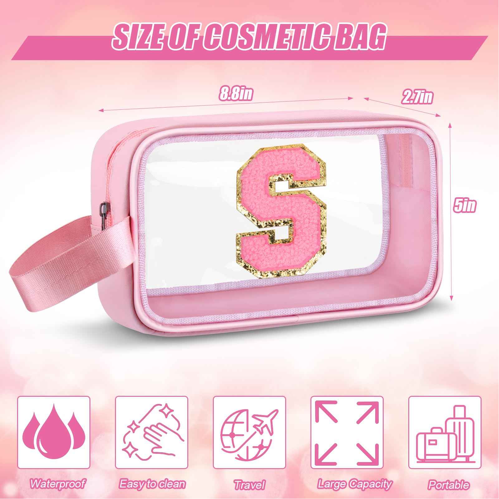 Vodolo Initial Makeup Bag,Letter S Cute Clear Monogrammed Cosmetic Travel Bag for Womens Girls,Personalized Pink Aesthetic Traveling Make Up Organizer Bag for Beach,Waterproof Toiletry Bag