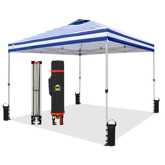 CROWN SHADES Canopy Tent, 10 x 10 Foot Portable Pop Up Outdoor Shelter with Easy 1 Push Center Lock, UV Protection, and Carry Bag, Navy Blue Stripes