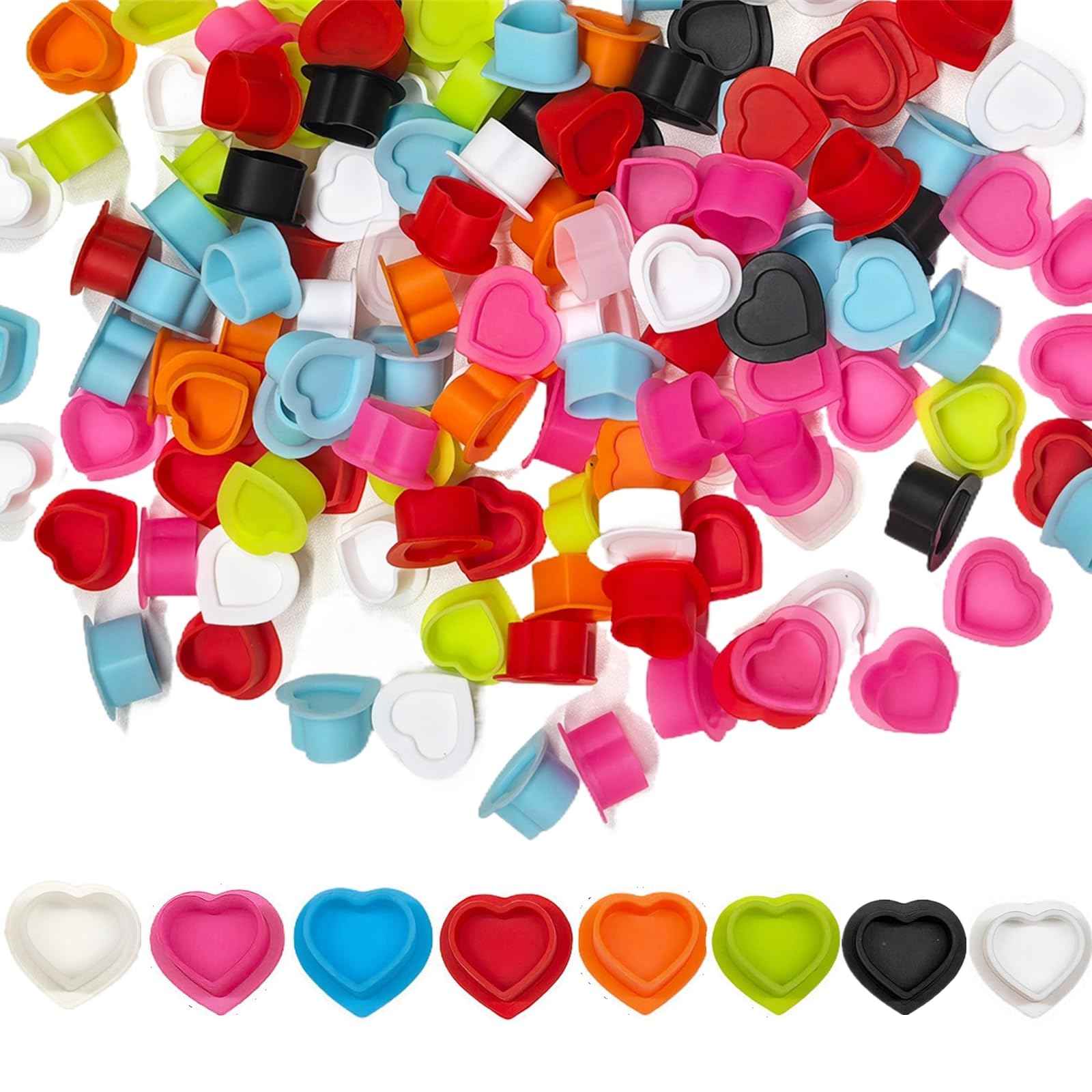 Tattoo Ink Caps with Stable Base | 80-Pack Disposable Heart-Shaped Design | Soft Silicone Tattoo Pigment Cups for Professional Tattoo Artists & Studios (8 Color Set)