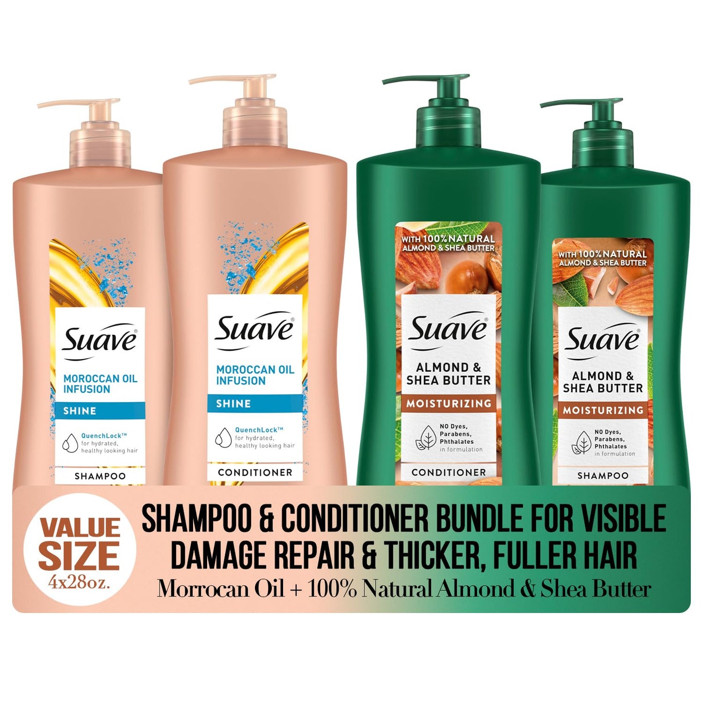 Suave Shampoo and Conditioner Set, Moroccan Oil Infusion + Almond & Shea Butter – Shine and Moisturizing Hair Care Bundle, 28 Oz Ea (4 Piece Set)