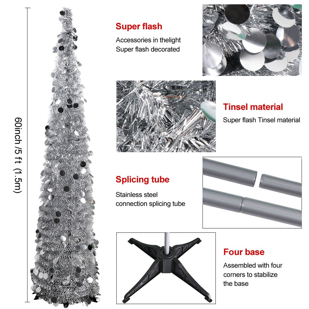 AerWo 5ft Pop Up Christmas Tinsel Tree with Stand, Gorgeous Collapsible Artificial Christmas Tree for Christmas Decorations