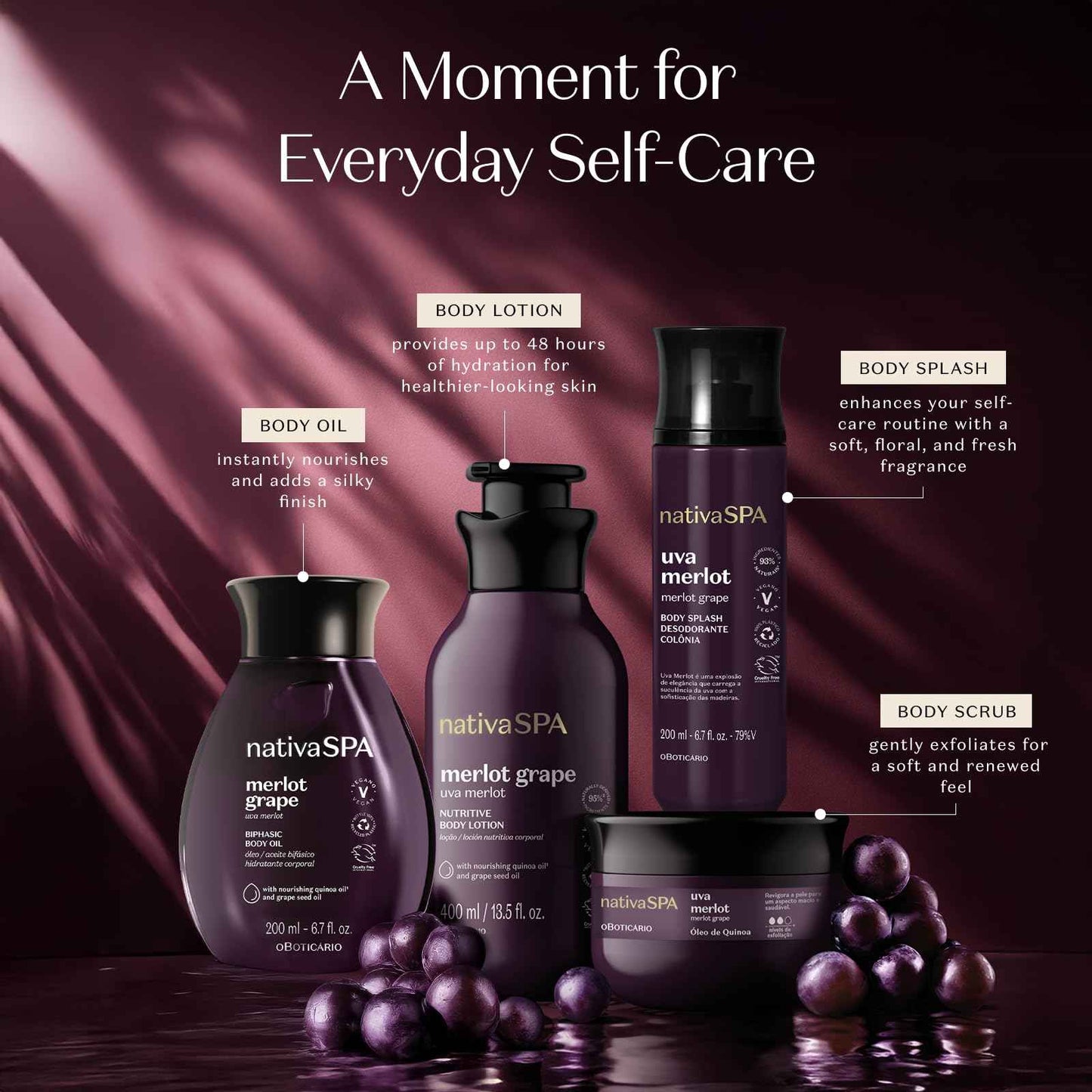 Nativa SPA by O Boticário Merlot Grape Biphase Body Oil, with Quinoa & Grapeseed Oils, Silky Glow with Hydration, 6.7 Ounce (200ml)