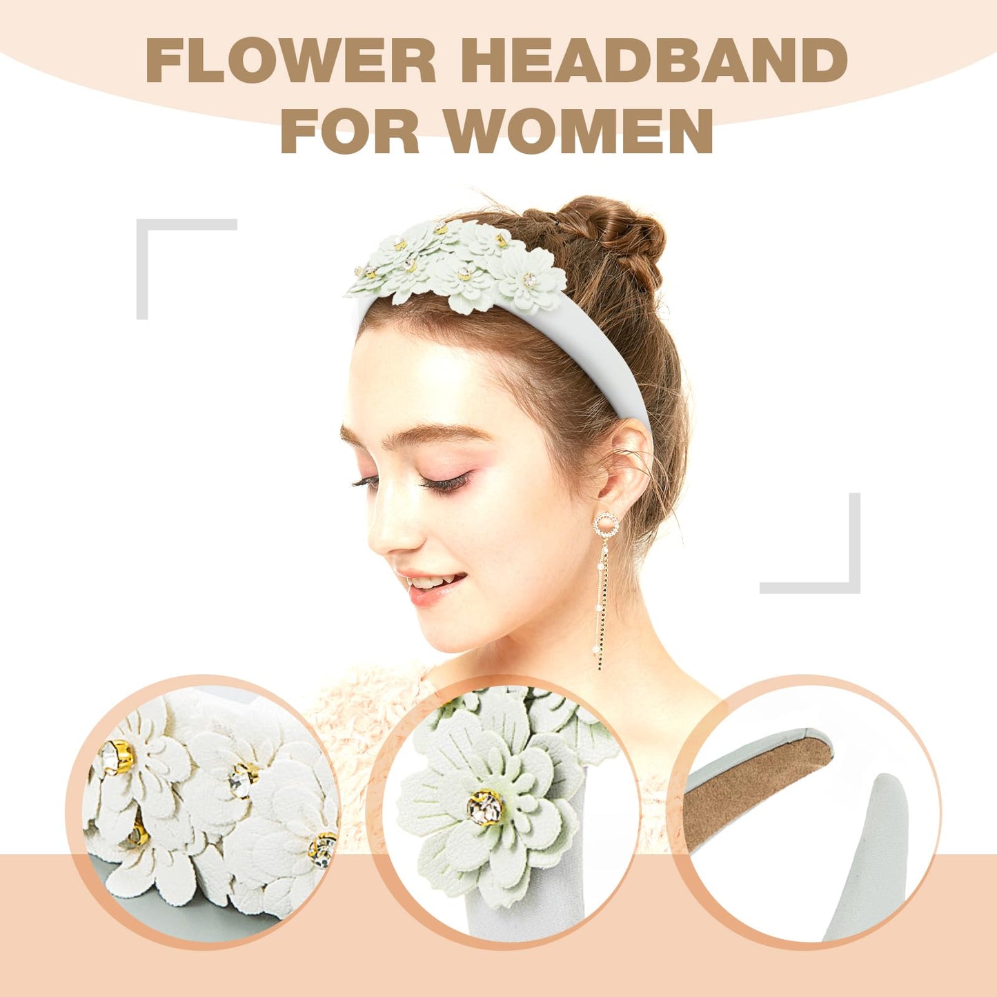 YFKEJI Flower Headband for Women Glass Diamonds Headbands for Thick Hair Bejewelled Hairband Glitter Hair Hoops Hair Accessories for Girls Fashion, White(A#)