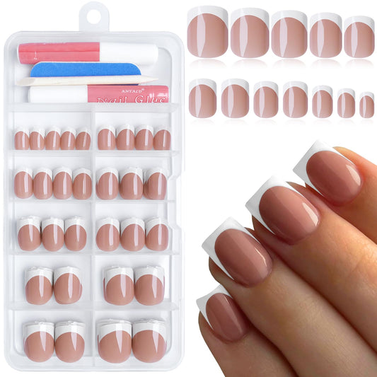 Bellelfin 120Pcs White French Tip Press on Nails, Short Fake Nails French Tip Glossy Nude Acrylic False Nail Full Cover Square Nails Press ons for Women Girls Artificial Fingernails