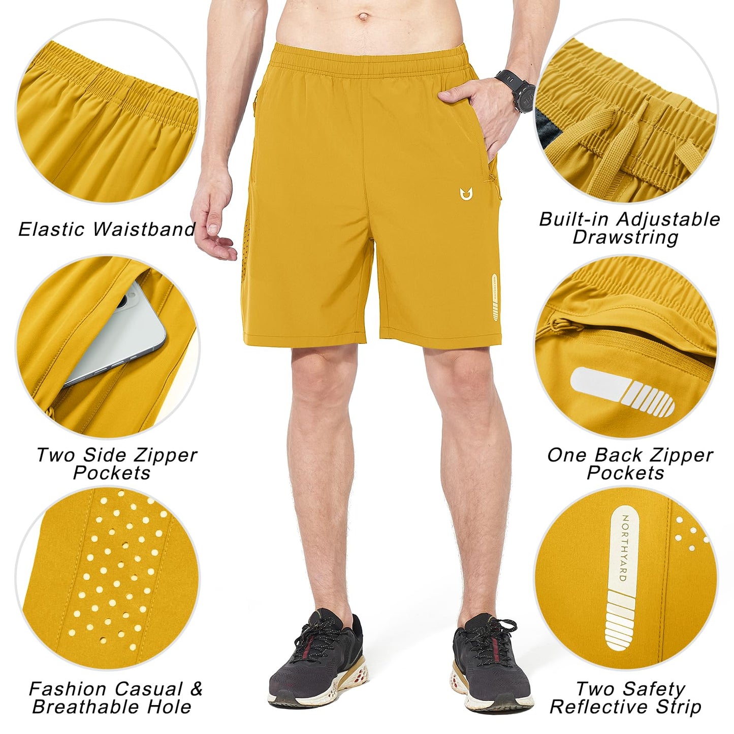 NORTHYARD Men's Athletic Running Shorts Quick Dry Workout Shorts 7"/ 5"/ 9" Lightweight Sports Gym Basketball Shorts Hiking Exercise Yellow S