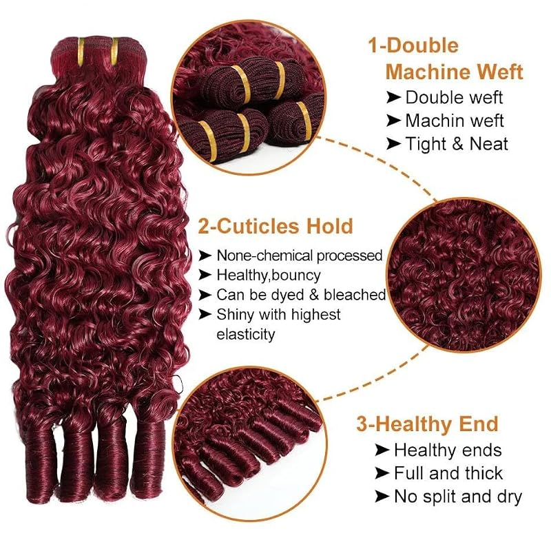 #99J Burgundy Curly Human Hair Bundles - 12-16 Inch, 3 Pack