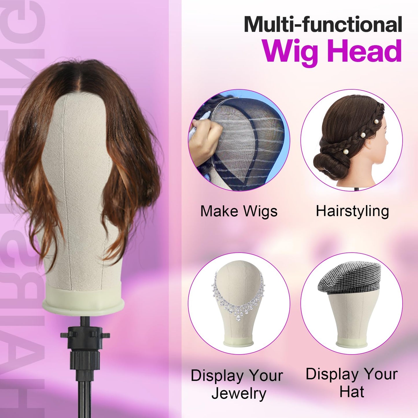 23 Inch Wig Head,Wig Stand Tripod with Head,Canvas Wig Head Stand with Mannequin Head for Wigs,Manikin Head Block Set for Wigs Making Display with Wig caps,T Pins Set,Bristle Brush