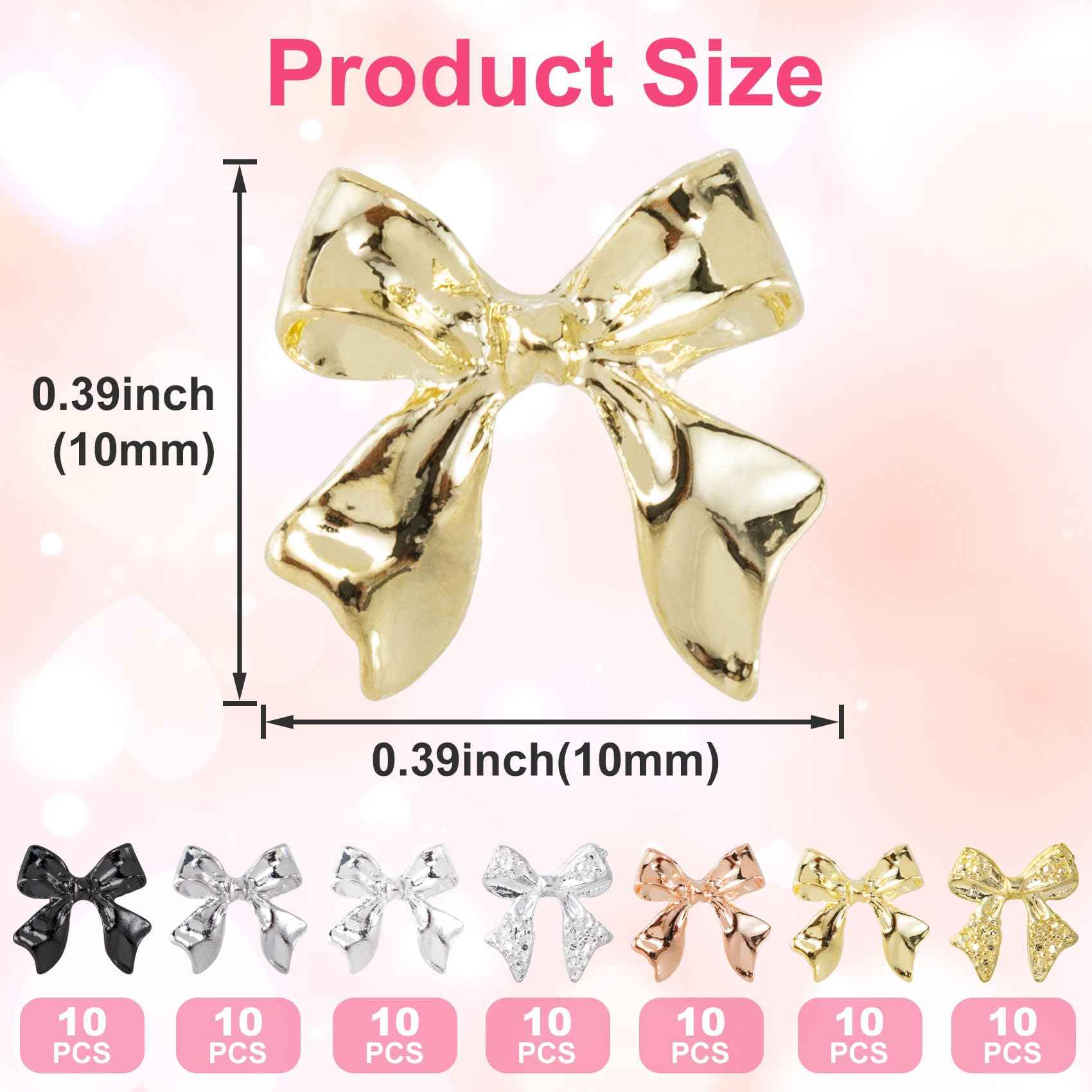 HINZIC 70Pcs 3D Bow Nail Charm Gold Silver Black Cute Bowknot Nail Art Bows Alloy Glitter Acrylic Rhinestones Gems Valentine Wedding Prom Jewelry Decoration for Women Manicure Cards Making