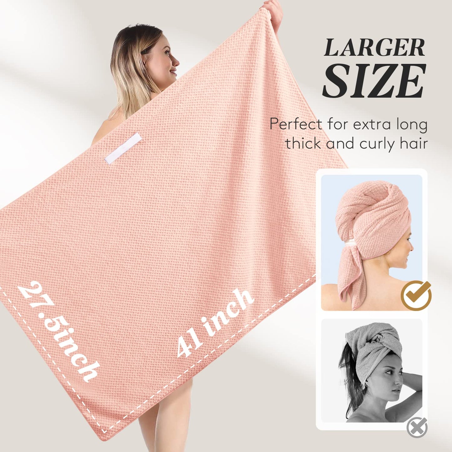 Sucedul Large Microfiber Hair Towel Wrap for Women, 41 x 27.5 Inch Super Absorbent Hair Drying Towel, Anti Frizz Fast Drying Hair Turbans for Long, Thick, Curly Hair Wrap Towels Pink