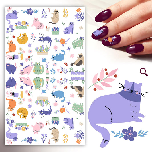 Nail Stickers Decals (5 Sheets) FLONZNAIL Adorable Cute Pastel Cats and Plants Nail Decor Transfer Vintage Styled Stickers