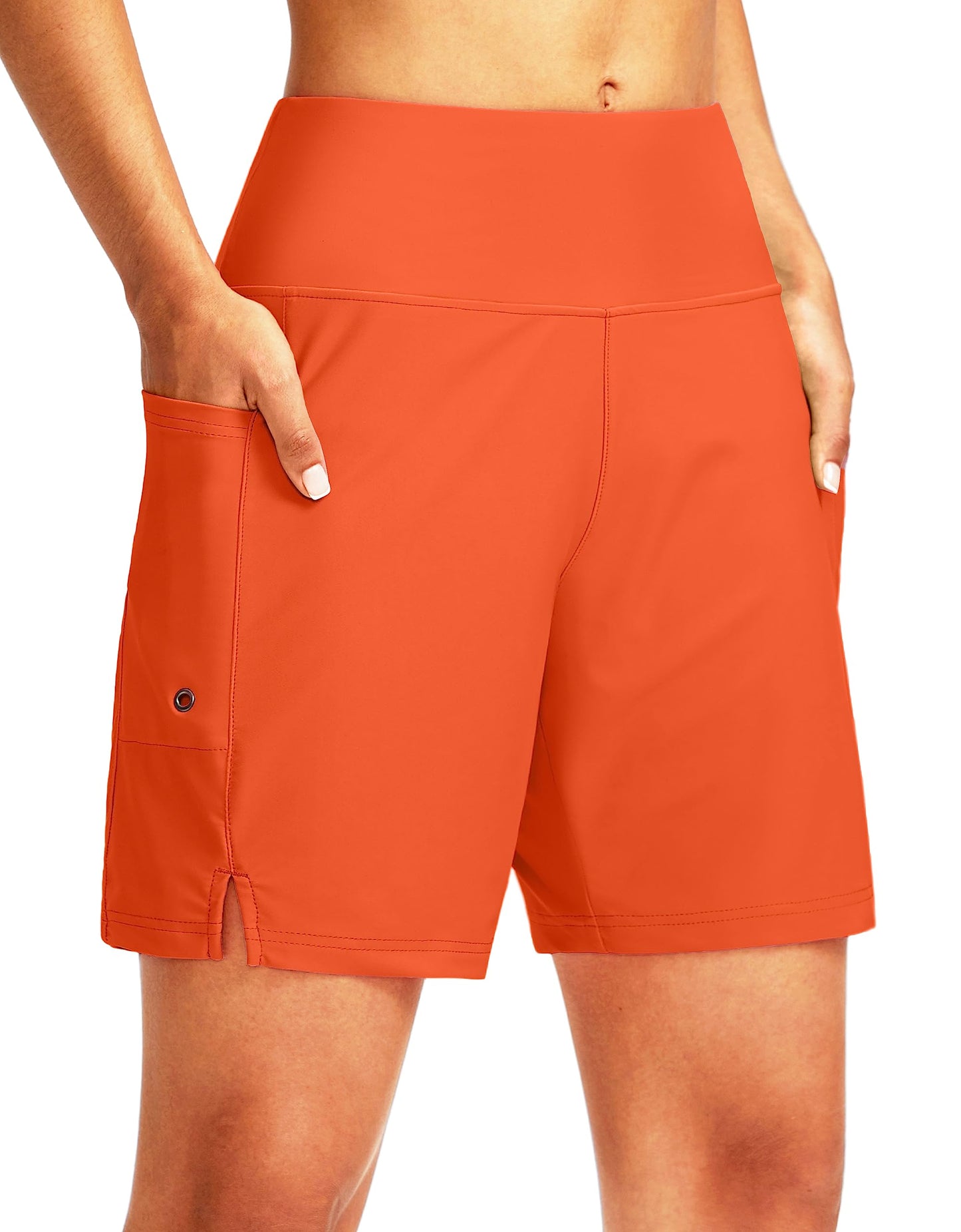 G Gradual Women's 7" Long Swim Board Shorts High Waisted Quick Dry Beach Swimming Shorts for Women with Liner Pockets(Orange,S)