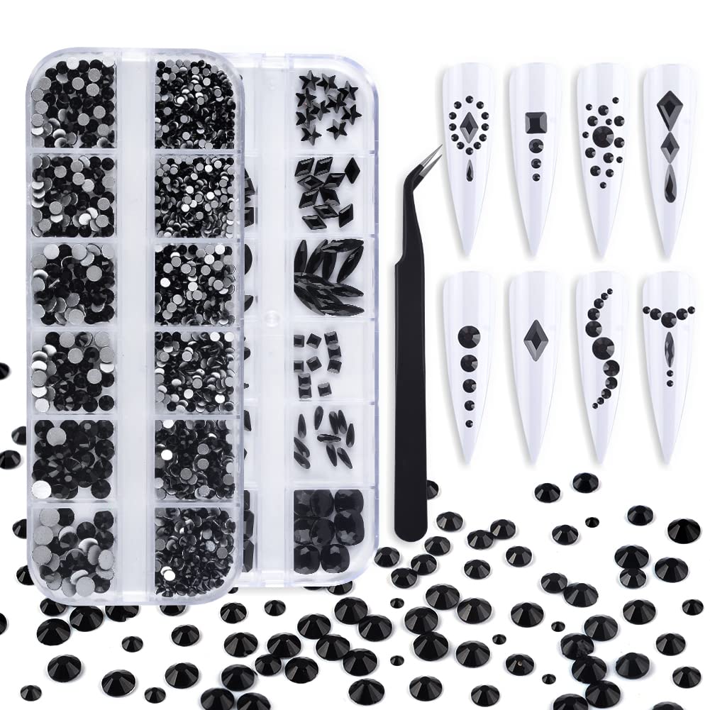 Katfan 1560PCS Flatback Crystal Black Rhinestones Round Gems Diamonds Stones Multi Shapes Rhinestone Jewels for Nail Art Crafts Decorations Clothes Shoes with Tweezers (Black)