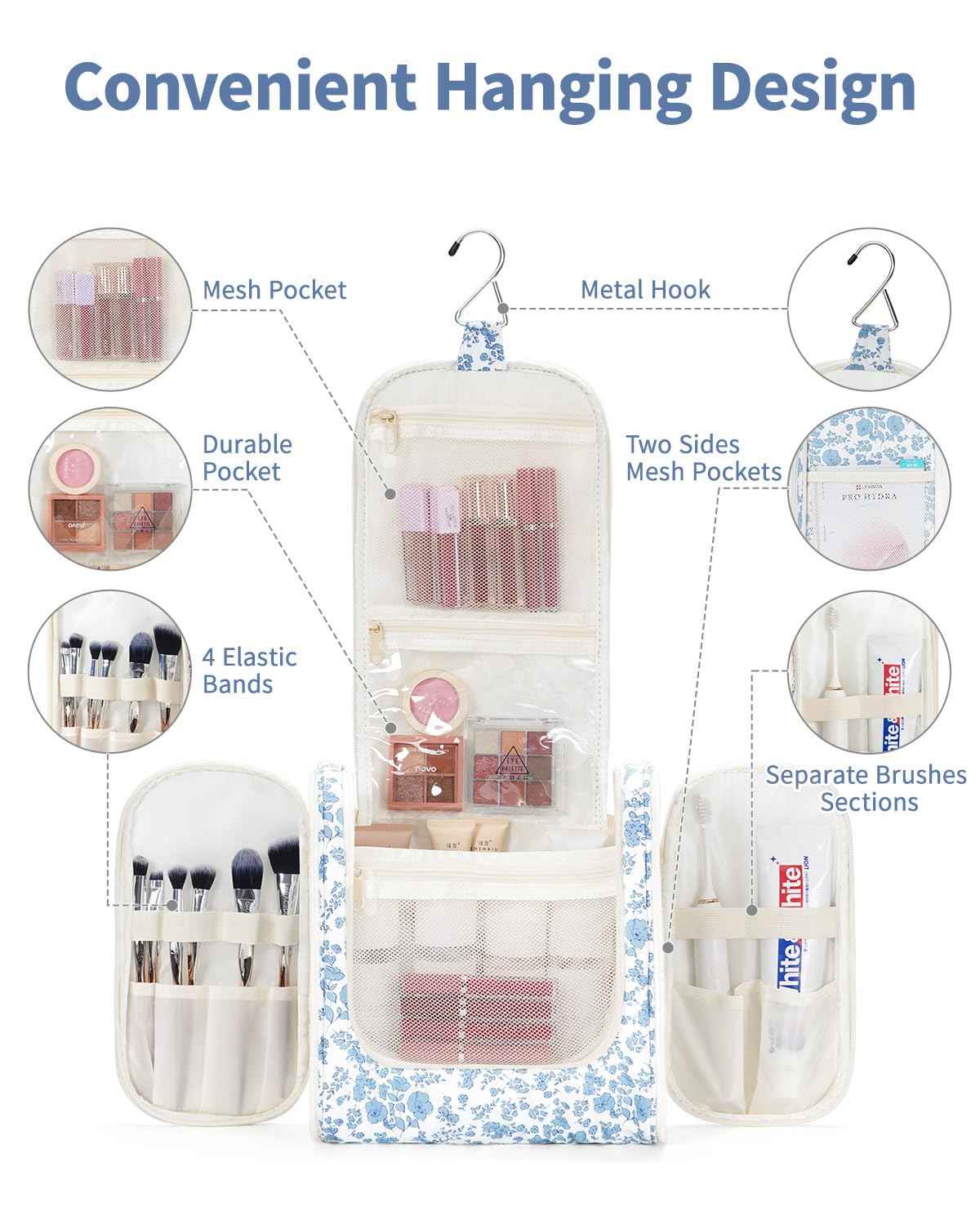 Narwey Hanging Toiletry Bag for Women Travel Makeup Bag Organizer Toiletries Bag for Cosmetics Essentials Accessories (Large, Little Blue Flower)