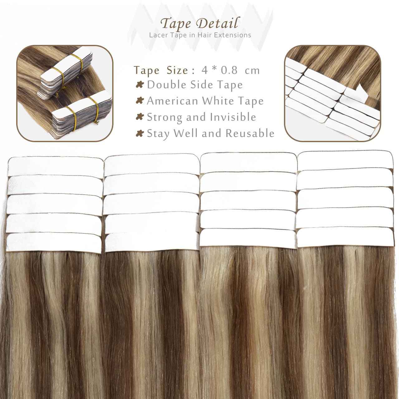 Lacer 16 Inch Natural Human Hair Tape in Extensions Chocolate Brown Highlights Light Golden Brown Invisible Double Sided Straight Tape in Hair Extensions Human Hair Black Women 50g 20pcs