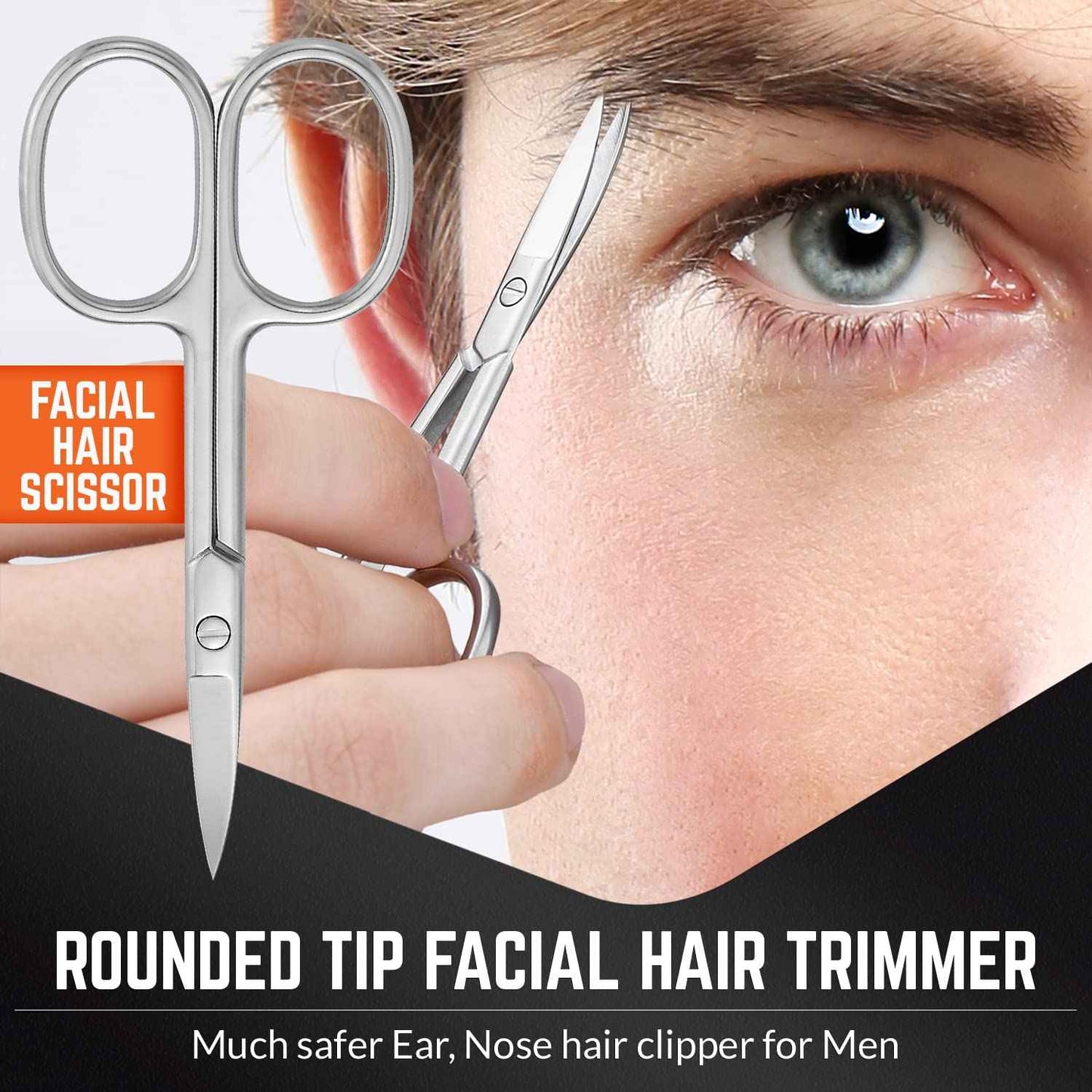 Stainless Steel Grooming Scissors - Eyebrow Scissor, Beard & Mustache Trimming Set, Small Curved & Rounded Tip Facial Hair Trimmer Kit for A Much Safer Ear, Nose Hair Clipper for Men & Travel Case