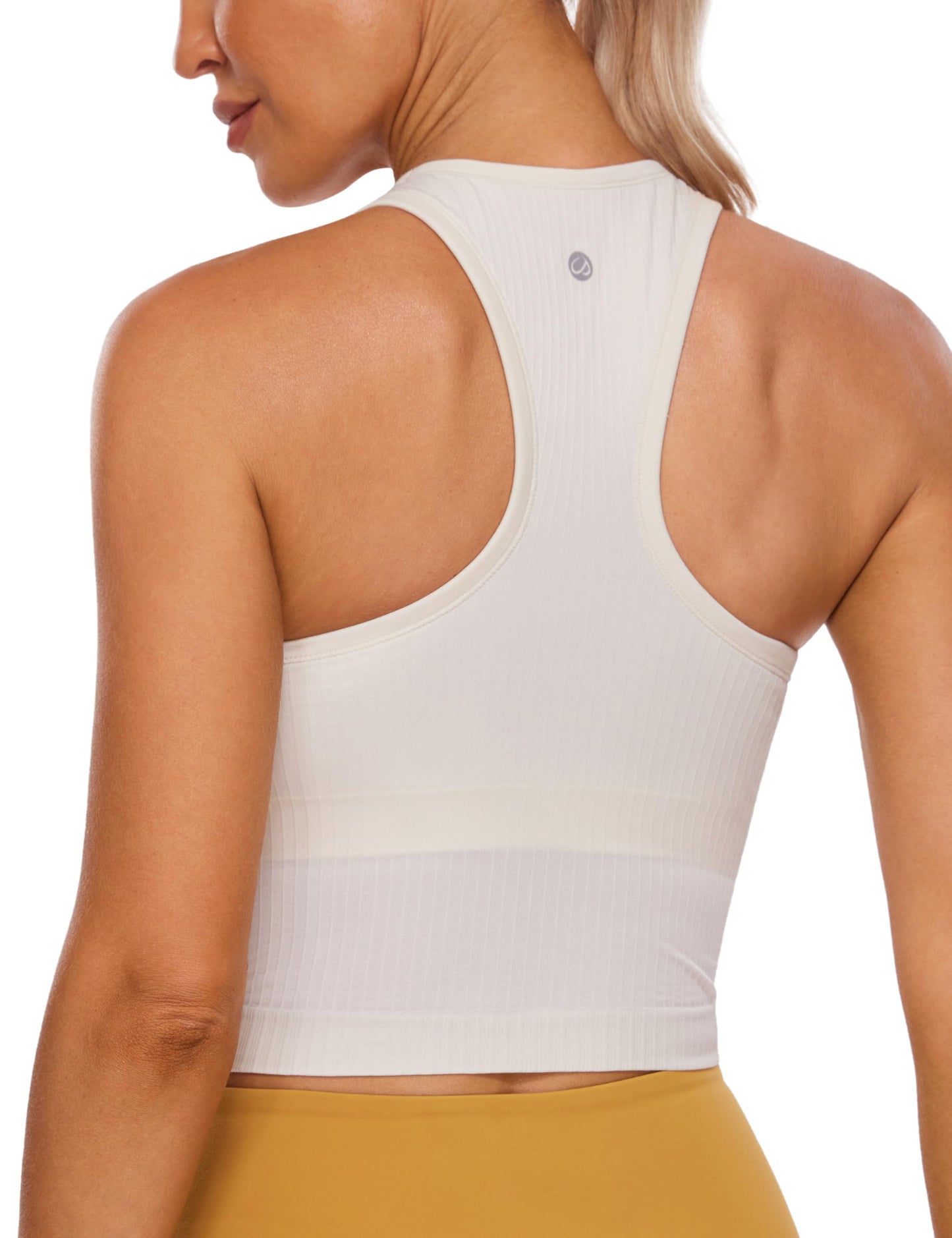 CRZ YOGA Womens Seamless Ribbed Longline High Neck Sports Bra - Racerback Padded Slim Fit Crop Tank Top with Built in Bra White Apricot Small