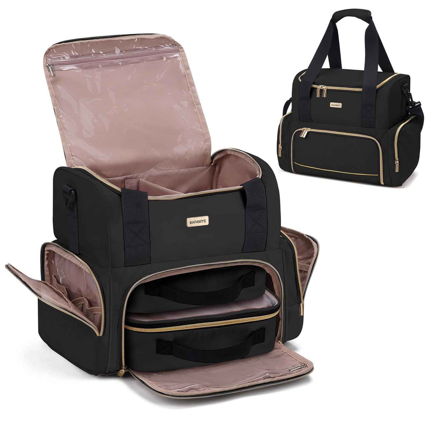 BAFAMYE Large Makeup Travel Cosmetic Bag with 2 Removable Case, Double Layer Big Travel Make Up Organizer Case, Toiletry Bag for Women, Train Cases Bags