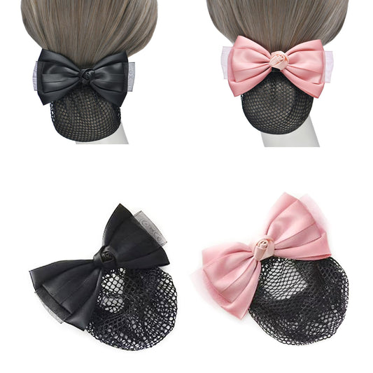 AsggBah 2pcs Hair Snood Net Barrettes with Bowknot Hair Clips with Thin Mesh Bun Cover for Women Ladies (Pink+Black)