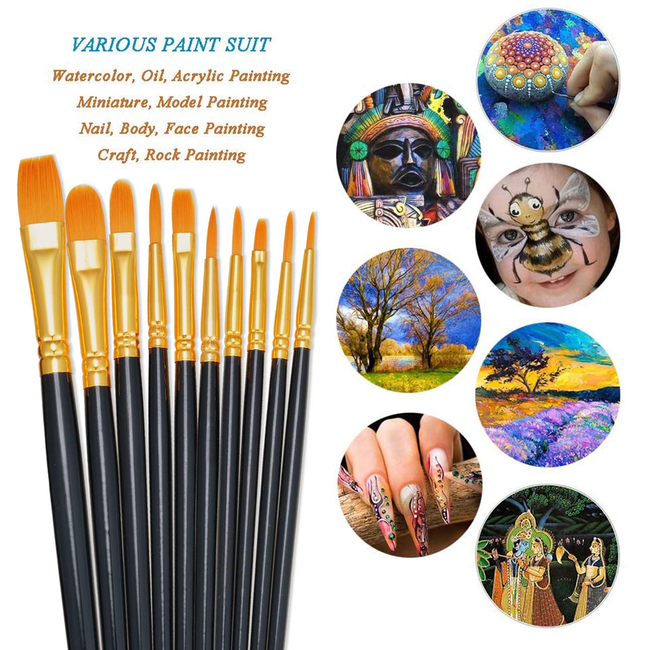 BOSOBO Paint Brushes Set, 10 Pack 100 Pcs Round Pointed Tip Paintbrushes Nylon Hair Artist Acrylic Paint Brushes for Acrylic Oil Watercolor, Face Nail Art, Miniature Detailing & Rock Painting, Black