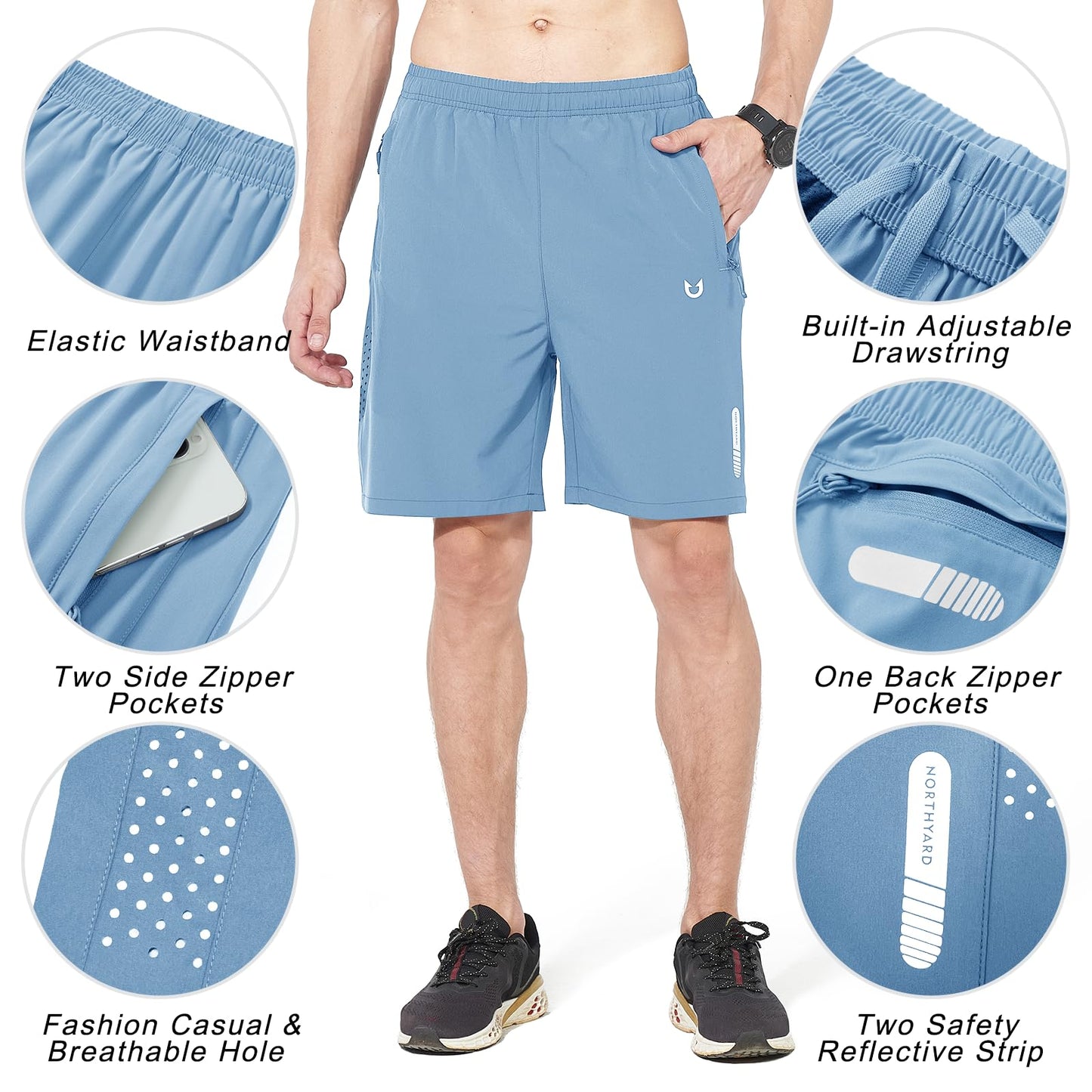 NORTHYARD Men's Athletic Running Shorts Quick Dry Workout Shorts 7"/ 5"/ 9" Lightweight Sports Gym Basketball Shorts Hiking Exercise SkyBlue 3XL