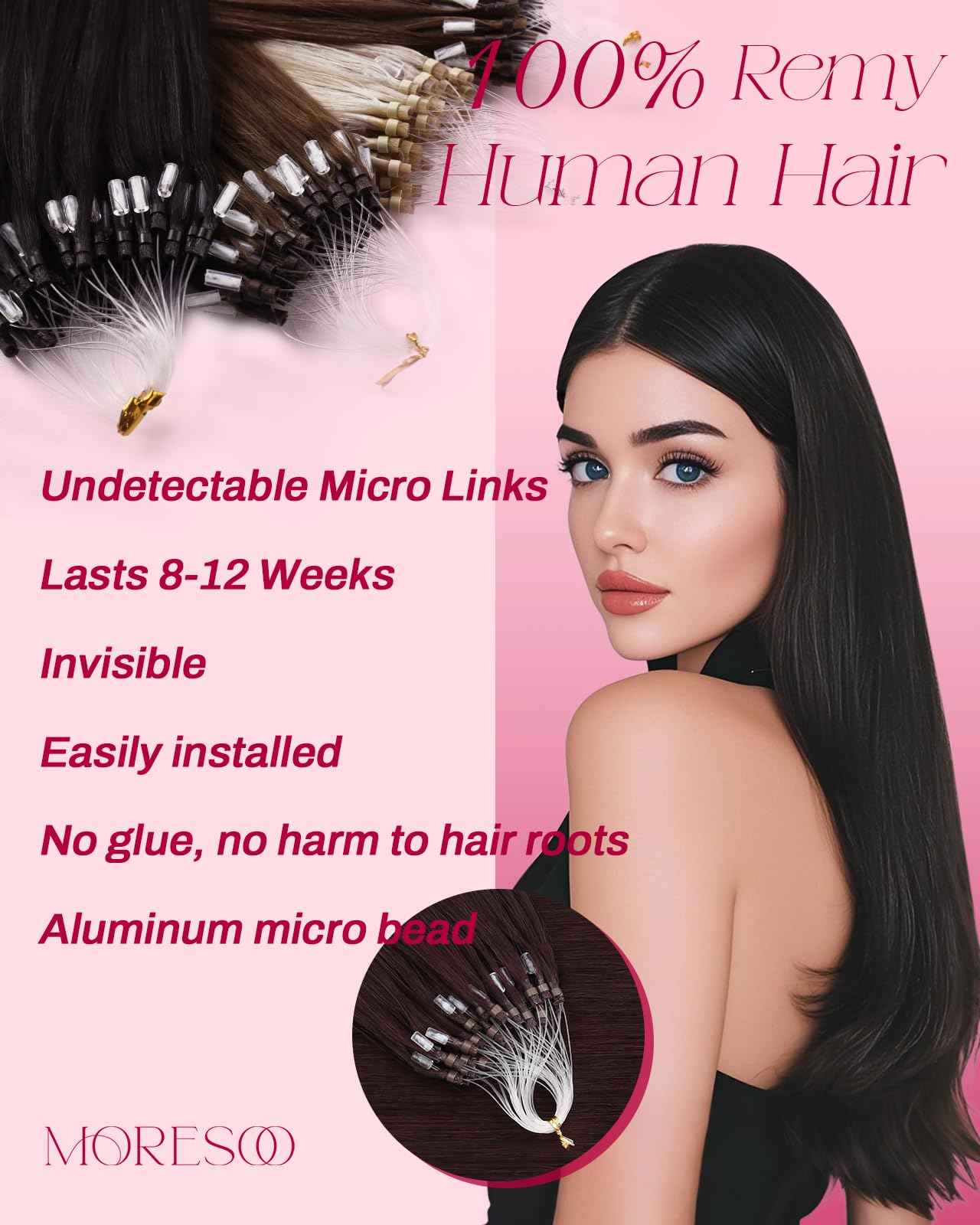 Moresoo Micro Link Hair Extensions Human Hair Dark Burgundy Micro Loop Hair Extensions Human Hair Add Length for Any Occasions 50S/50G 18 Inch