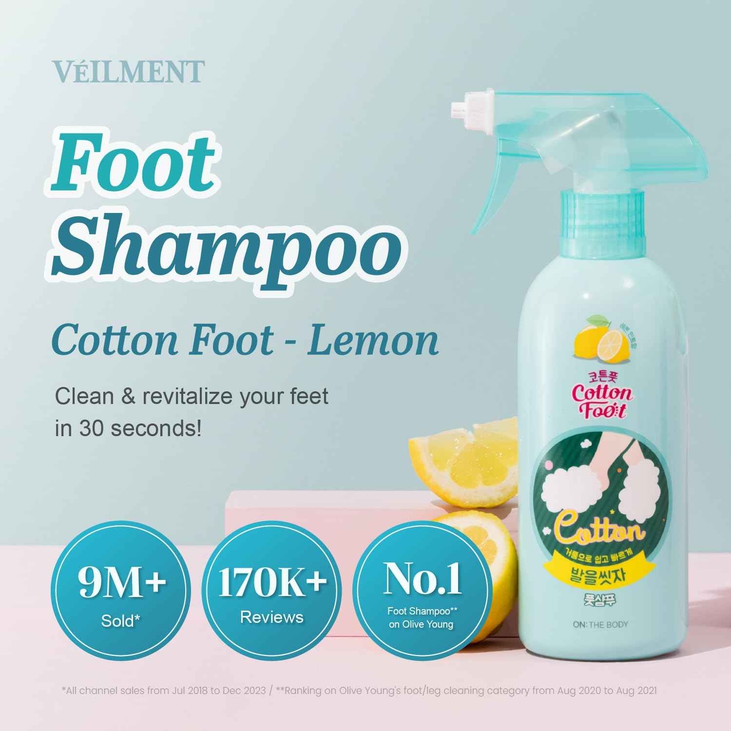 VEILMENT Cotton Foot - Foot Shampoo Soap (Lemon, 13fl oz*2, Pack of 2) - Refreshing Cleanse Spray, Deodorizing Foot Care Wash. Foaming Wash, Easy to Use