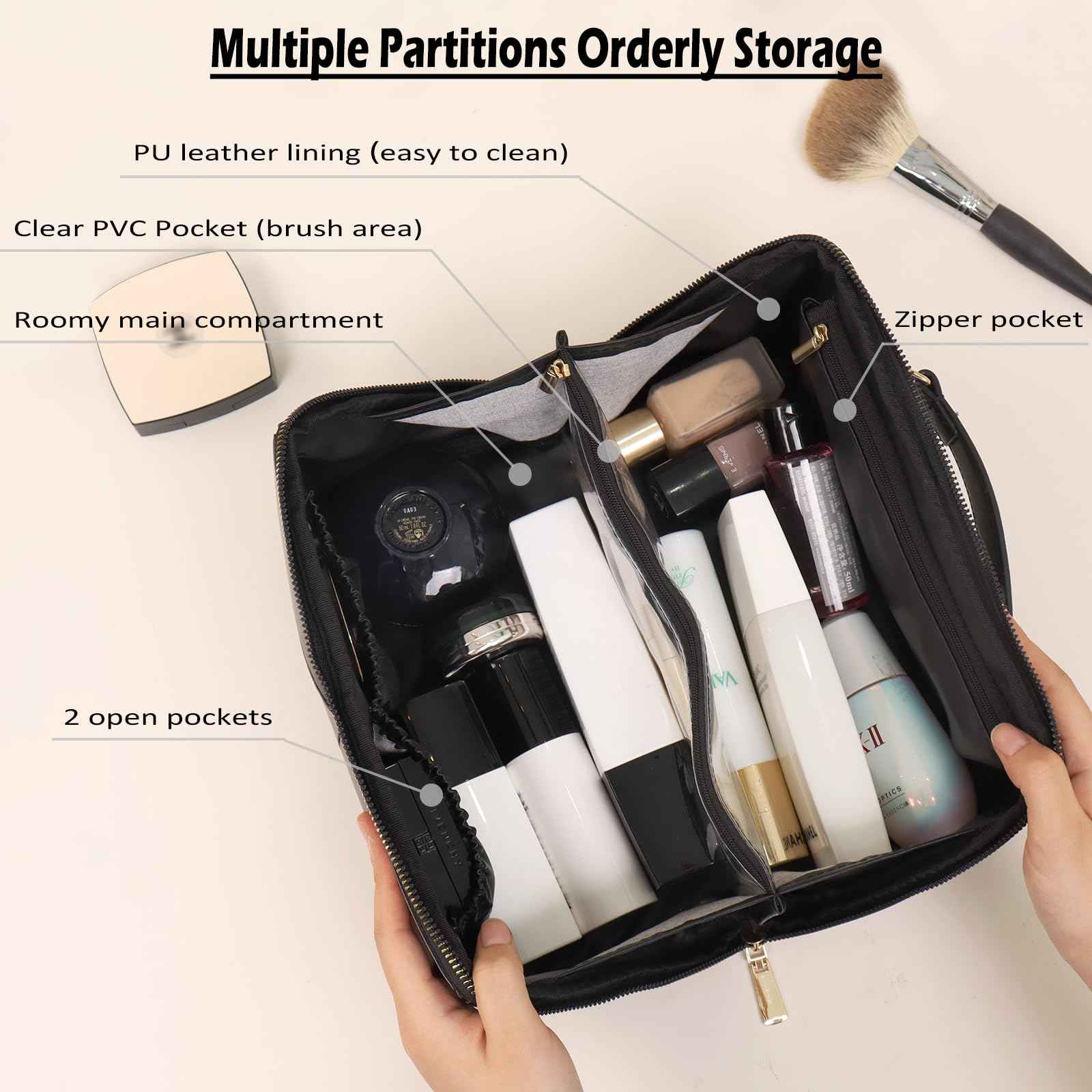 IMCUZUR Travel Makeup Bag Large Cosmetic Bag for Women, Open Flat Make up Bag Portable Skincare Bag with Handle (Black)
