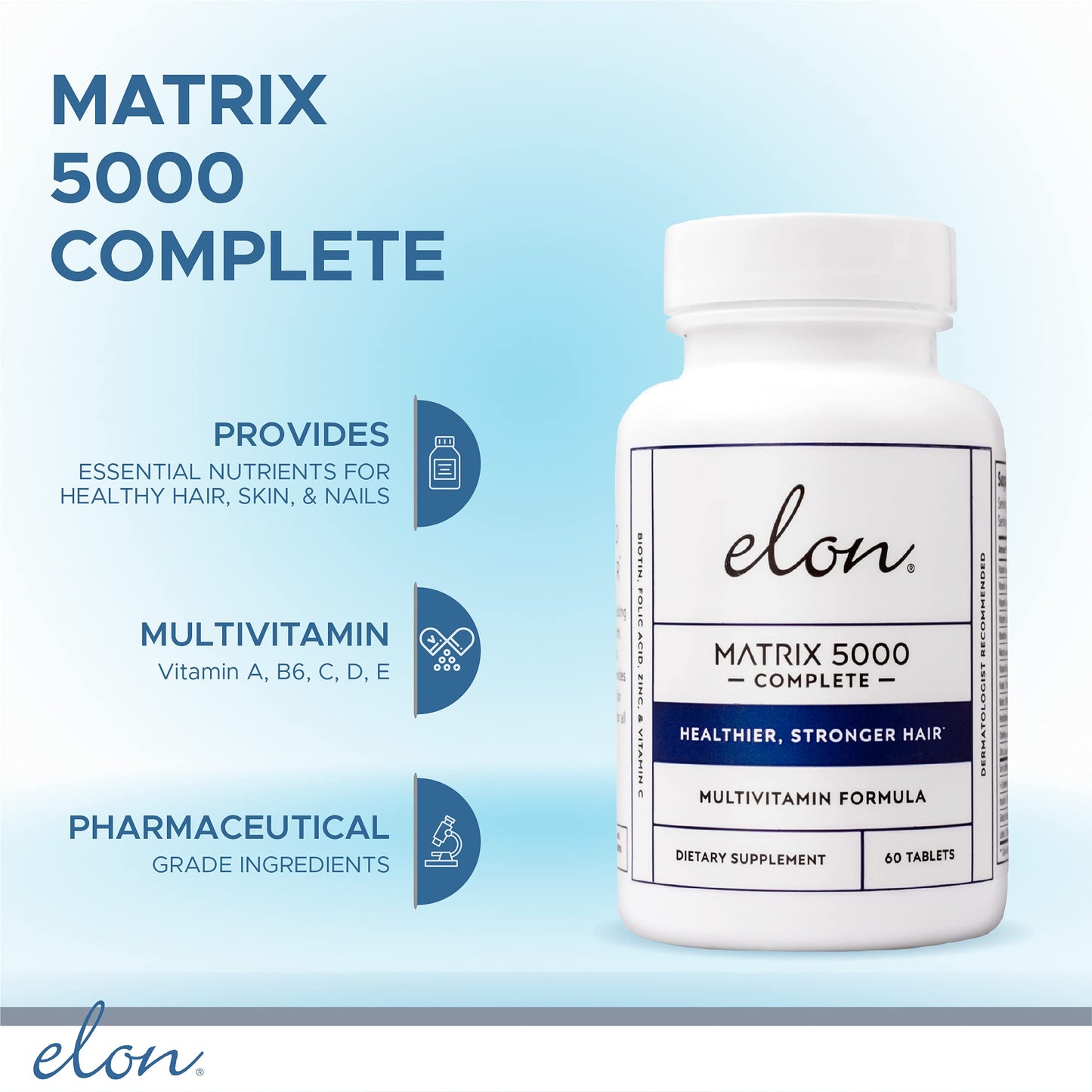 Elon Matrix 5000 Complete Multivitamin — Skin, Hair and Nail Growth Vitamins — Healthy Hair Growth Vitamins for Women — 5000Mcg Biotin Supplement for Healthier & Stronger Hair (60 Day Supply)