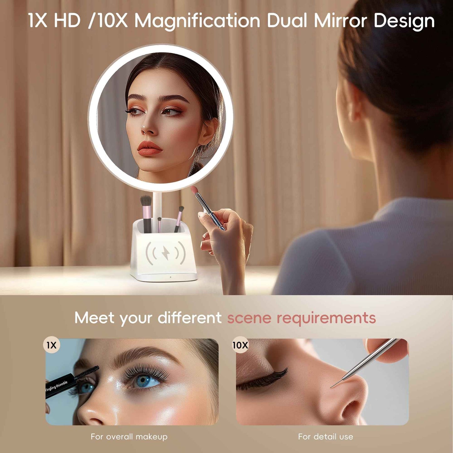 Yls Rechargeable Lighted Makeup Mirror with 1x/10x Detachable Magnification, Vanity Mirror with 3 Color Adjustable Lighting,Qi-Enabled Charging,and 360 °Rotating Design