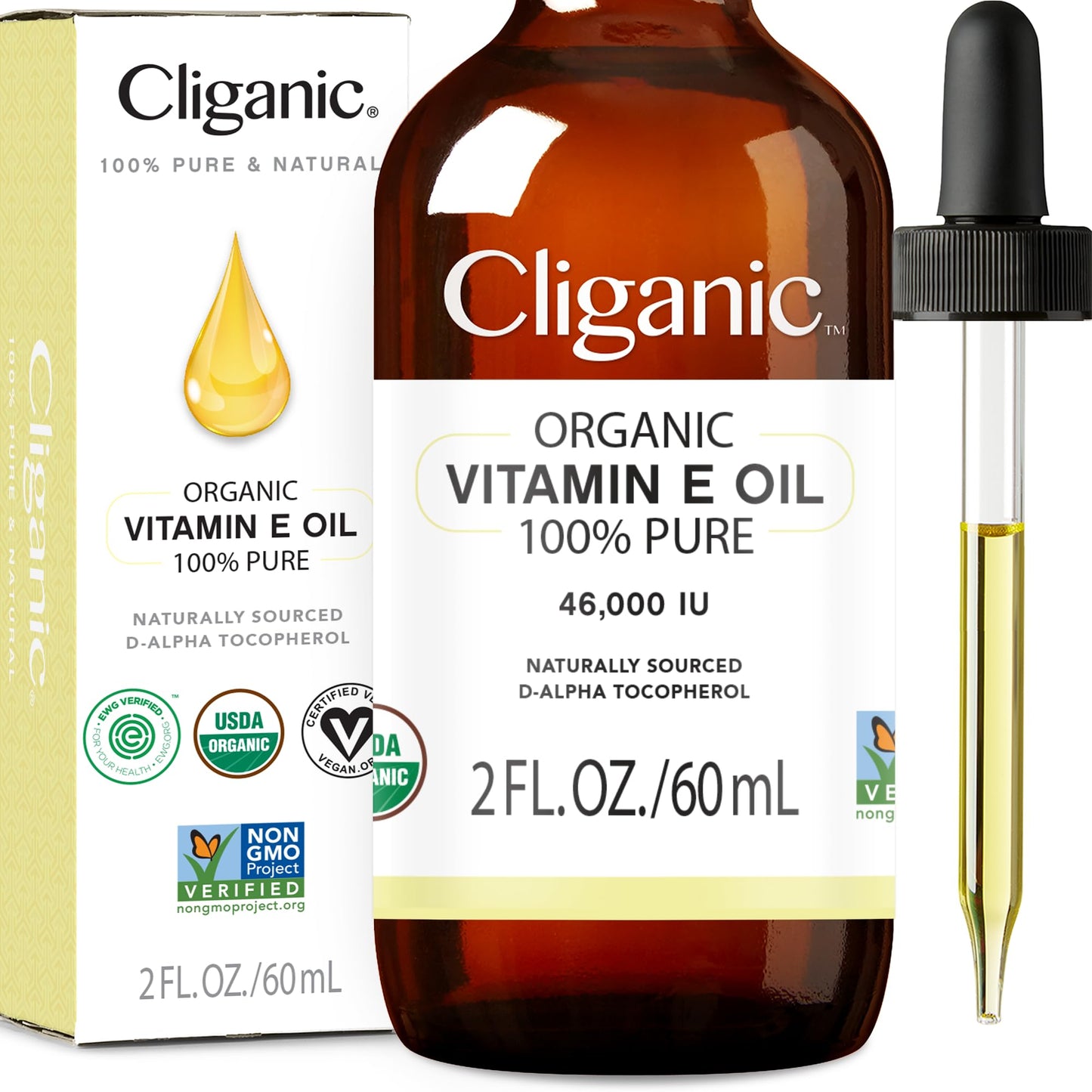 Cliganic Organic Pure Vitamin E Oil (2oz) for Skin, Hair & Face - 46,000 IU